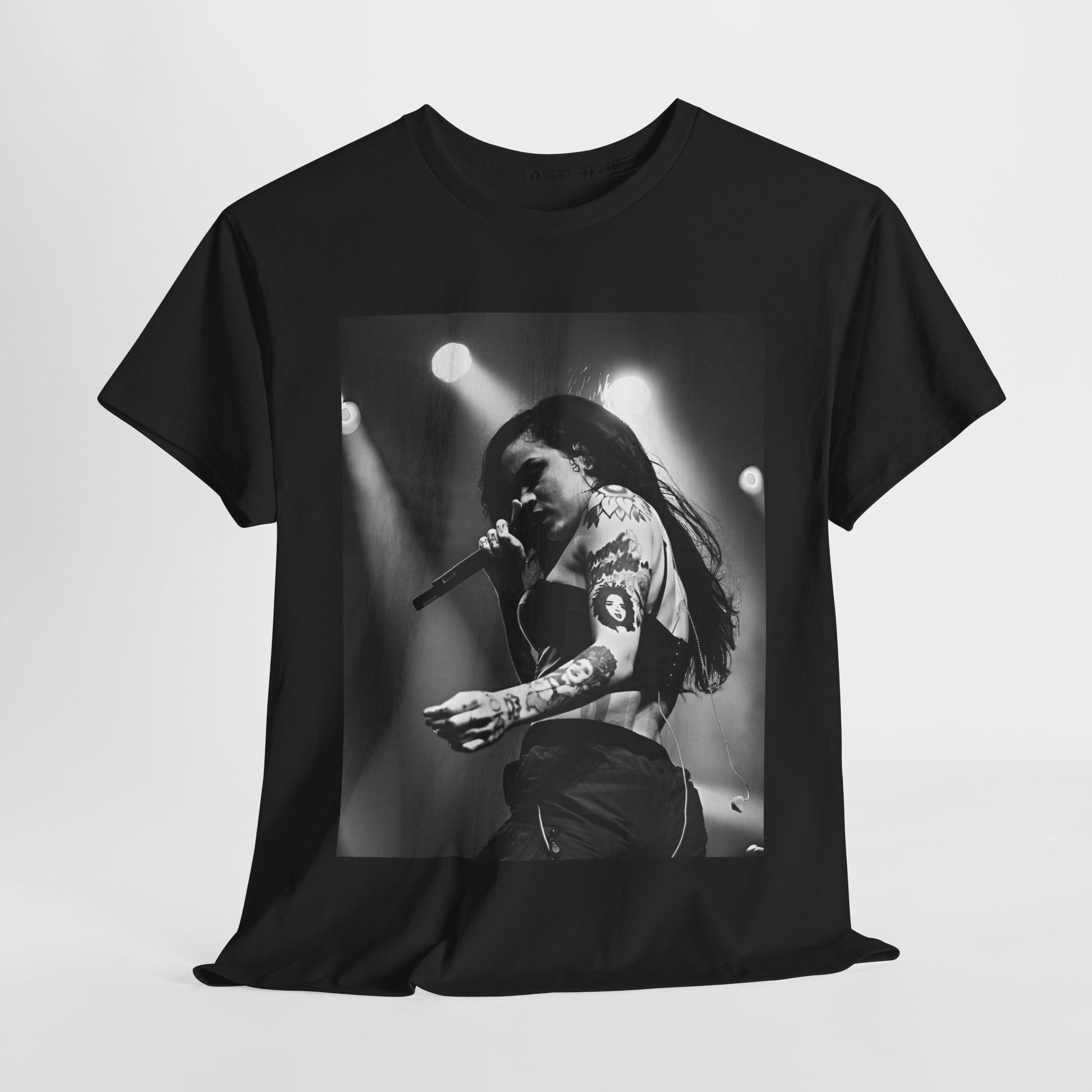 A black graphic t-shirt featuring a glamorous graphic or photo of Kehlani performing on stage.