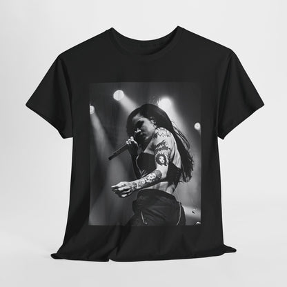 A black graphic t-shirt featuring a glamorous graphic or photo of Kehlani performing on stage.