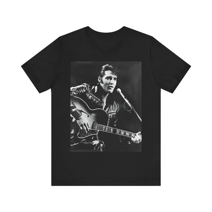 A black graphic t-shirt featuring a graphic related to Elvis Presley's 'Burning Love' song or era.