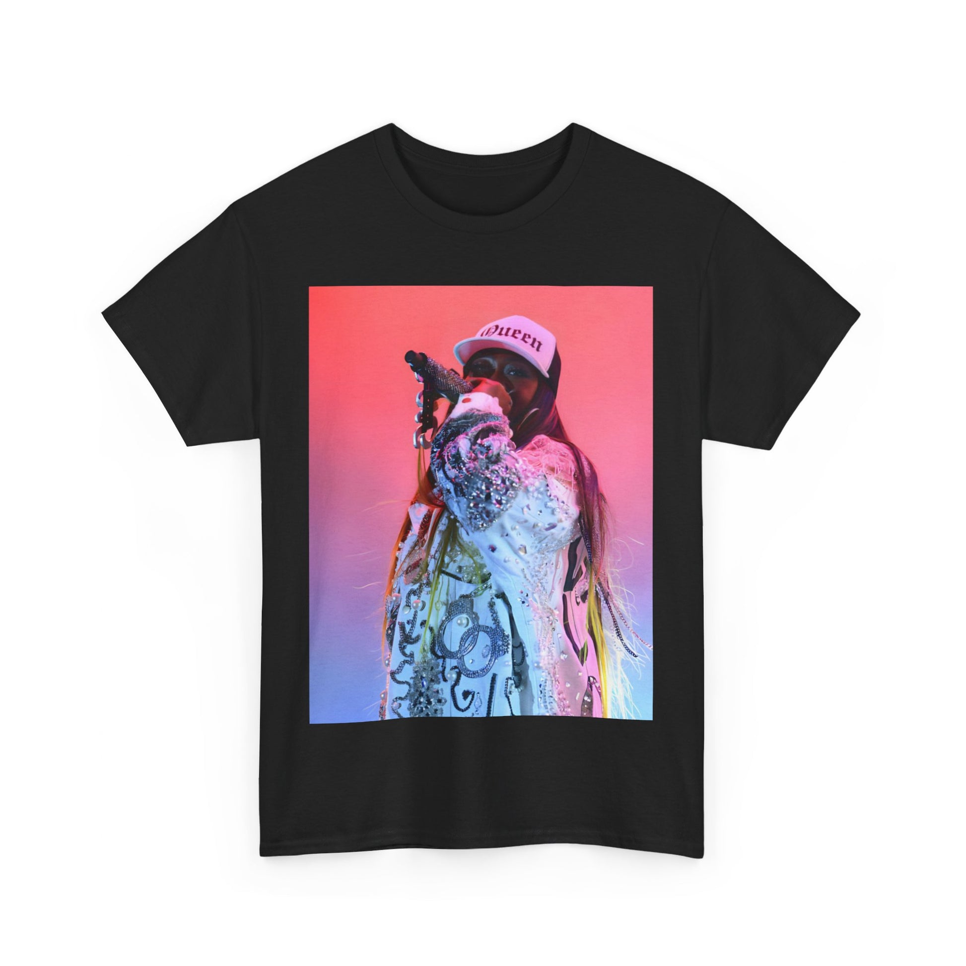 A black graphic t-shirt featuring a graphic of Missy Elliott as a fearless performer.