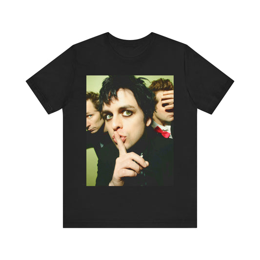 A black graphic t-shirt featuring a vintage punk rock graphic of Green Day.