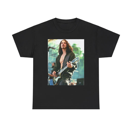 A black graphic t-shirt featuring a retro graphic related to Chris Cornell and the Soundgarden era.