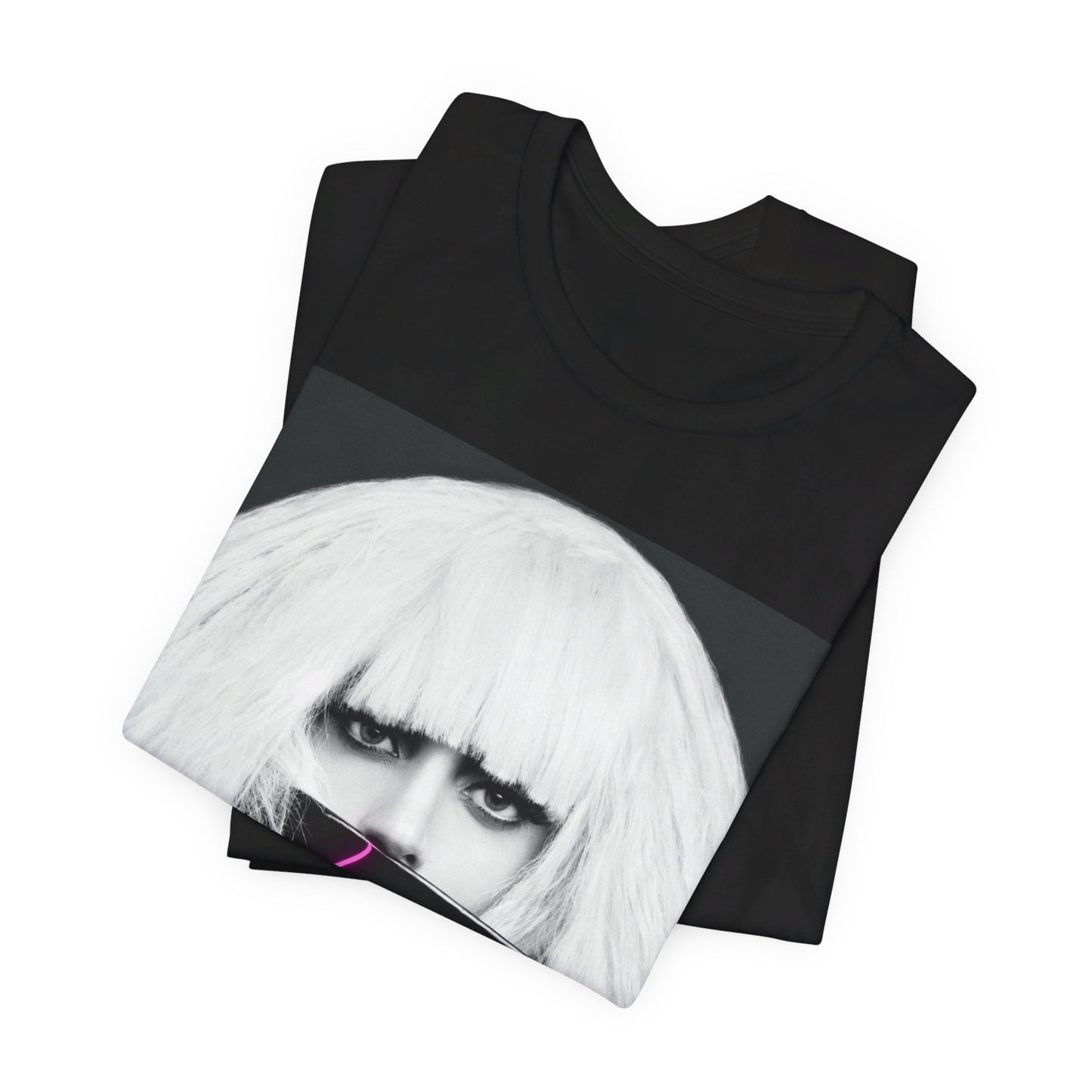 A black graphic t-shirt featuring a graphic related to Lady Gaga's 'Chromatica' album era.