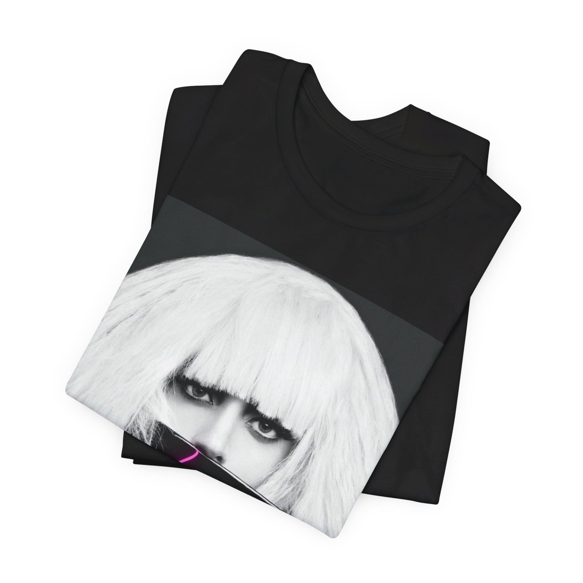 A black graphic t-shirt featuring a graphic related to Lady Gaga's 'Chromatica' album era.