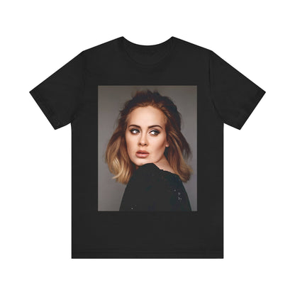 A black graphic t-shirt featuring a studio portrait of Adele from her '25' album era, showing a thoughtful or serene expression.