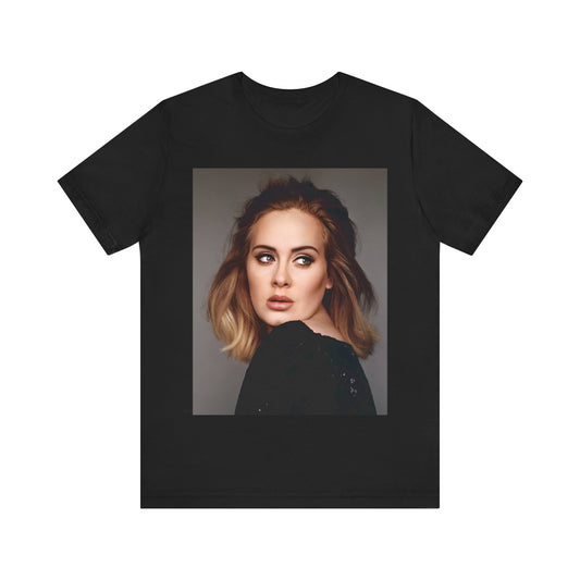 A black graphic t-shirt featuring a studio portrait of Adele from her '25' album era, showing a thoughtful or serene expression.