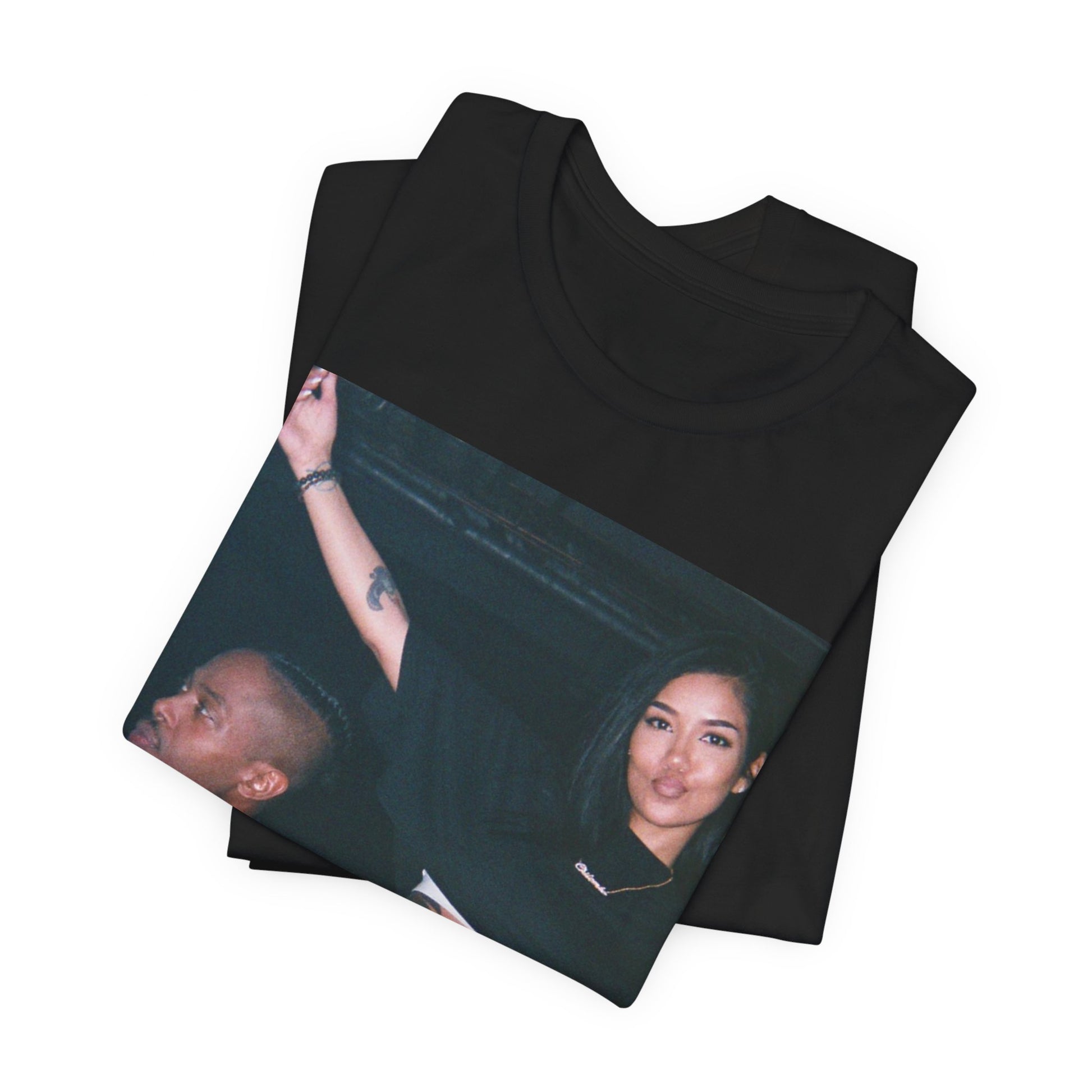 A black graphic t-shirt featuring a retro R&B essential graphic of Jhene Aiko.