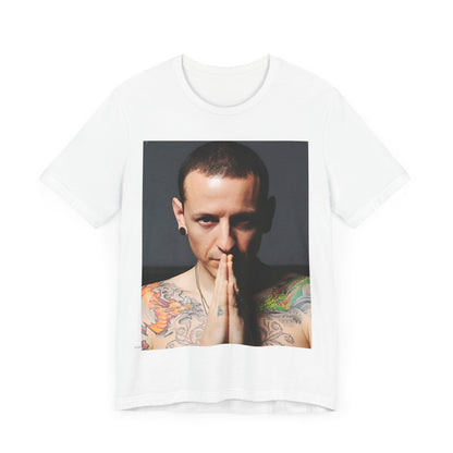 A black graphic t-shirt featuring a retro photo portrait of Chester Bennington from Linkin Park.