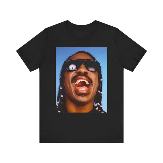A black graphic t-shirt featuring a bold soul superstar graphic of Stevie Wonder.