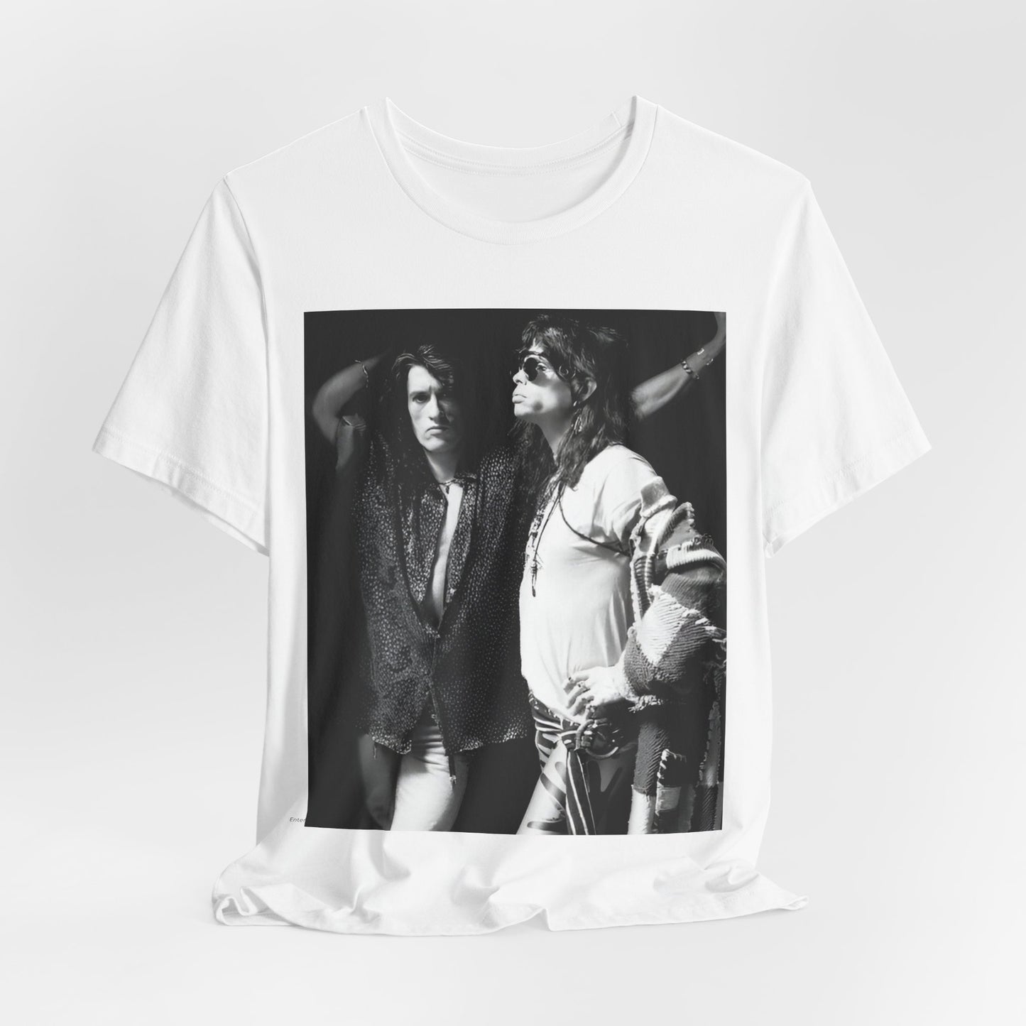 A black graphic t-shirt featuring a dynamic photo or illustration of Aerosmith's Steven Tyler and Joe Perry performing together on stage, highlighting their synergy.