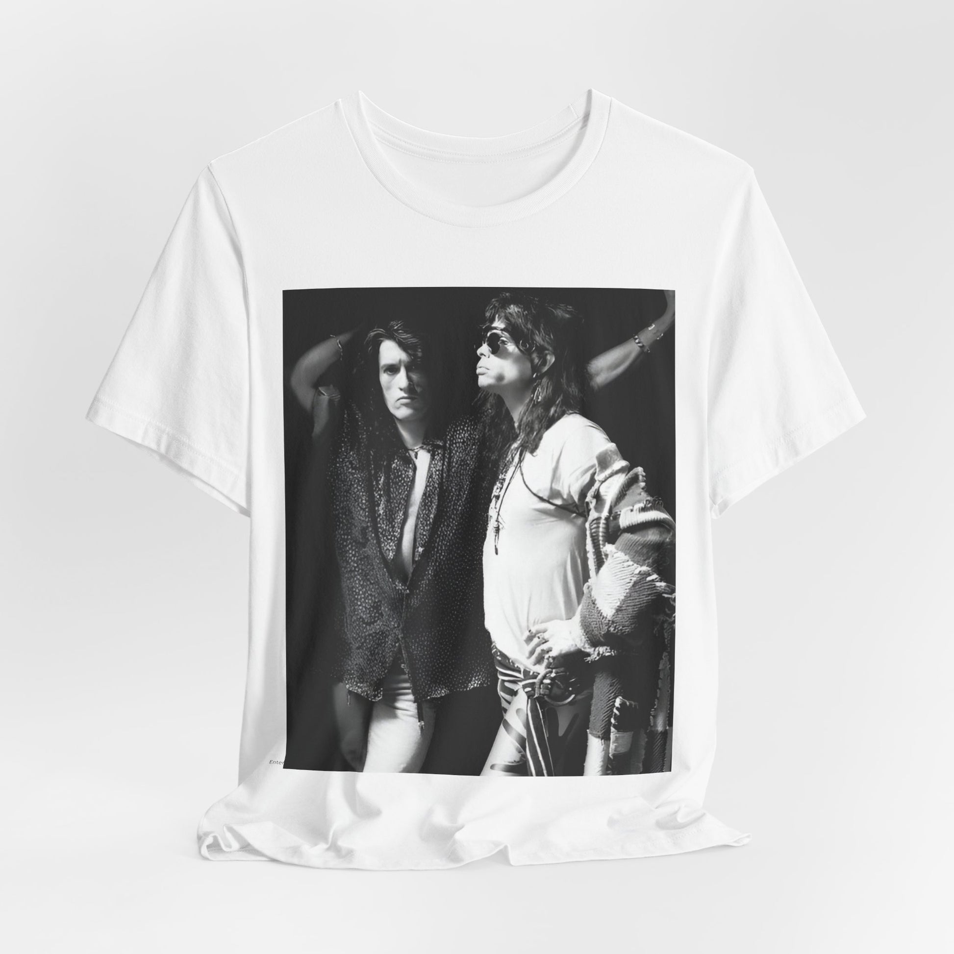 A black graphic t-shirt featuring a dynamic photo or illustration of Aerosmith's Steven Tyler and Joe Perry performing together on stage, highlighting their synergy.