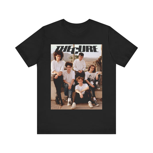 A black graphic t-shirt featuring a vintage graphic of The Cure with a dark romanticism theme.