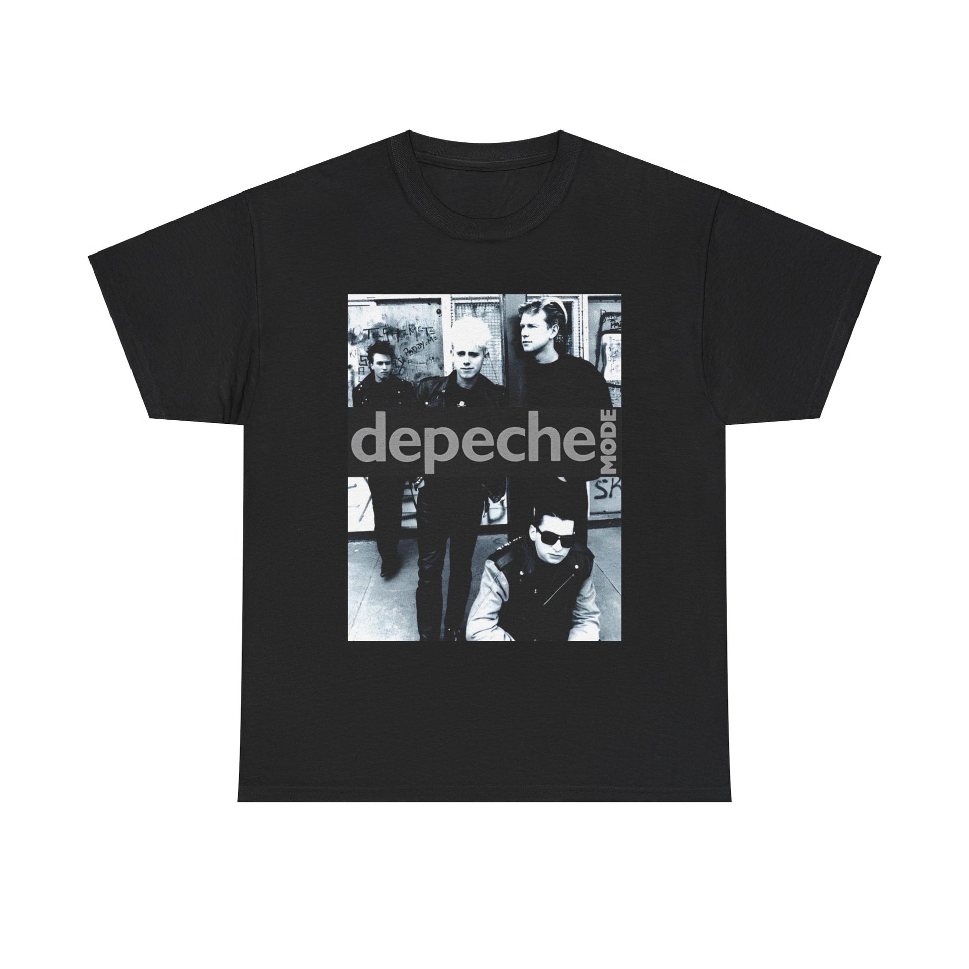 A black graphic t-shirt featuring a black and white photo portrait of the band Depeche Mode.