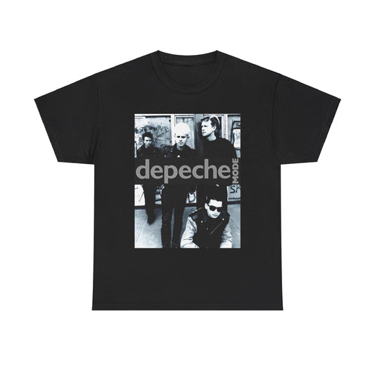 A black graphic t-shirt featuring a black and white photo portrait of the band Depeche Mode.
