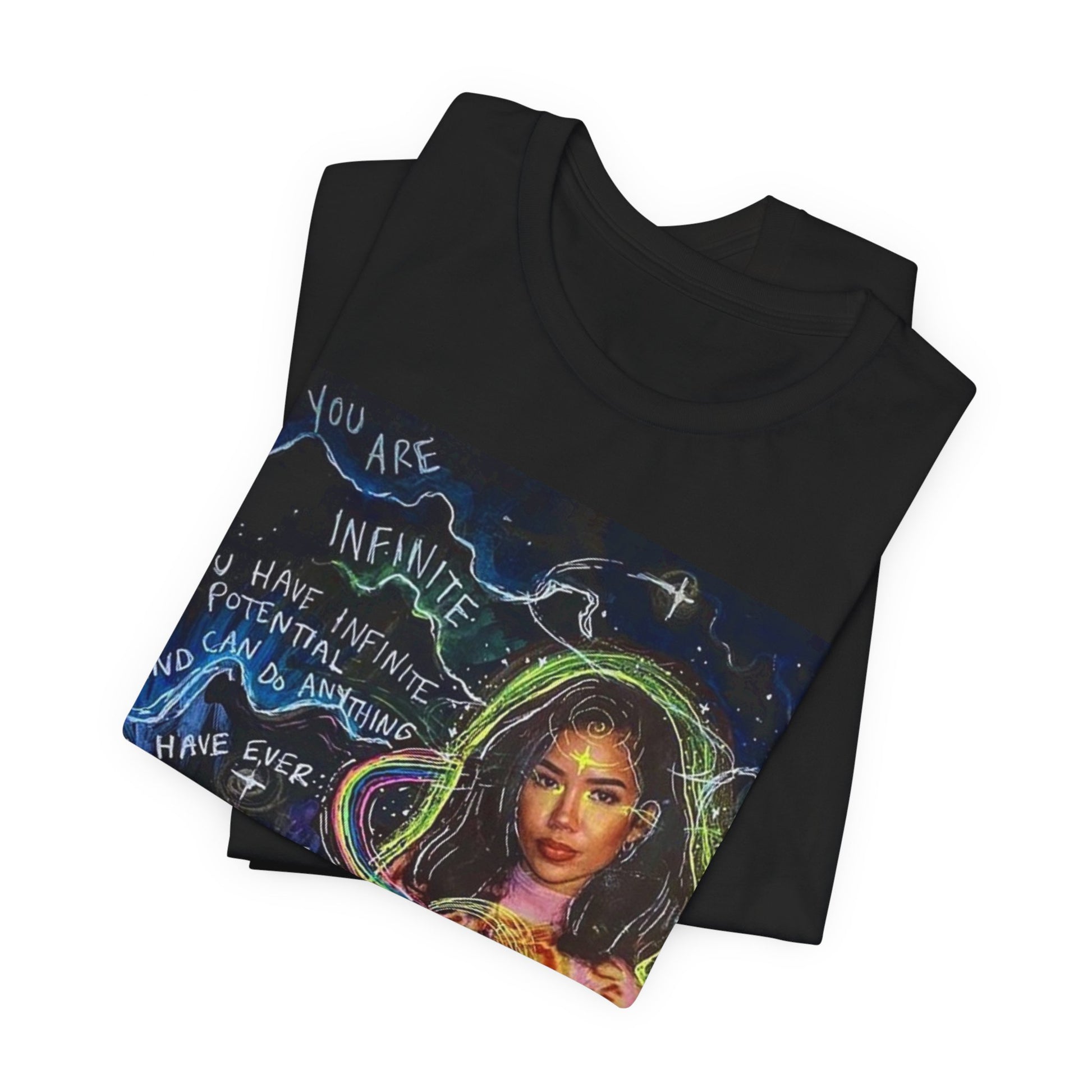 A black graphic t-shirt featuring a bold graphic of Jhene Aiko as an R&B superstar.
