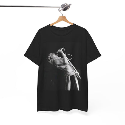 A black graphic t-shirt featuring a bold black and white graphic of Rod Stewart as a rock superstar.
