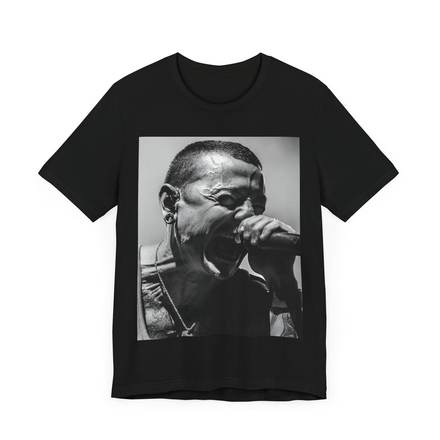 A black graphic t-shirt featuring a fierce graphic of Linkin Park performing live on stage.