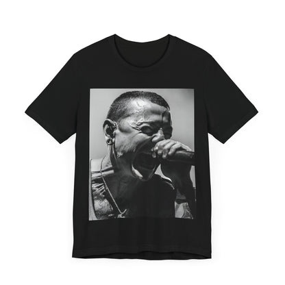 A black graphic t-shirt featuring a fierce graphic of Linkin Park performing live on stage.