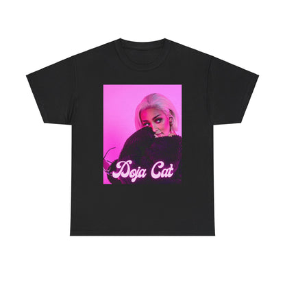 A black graphic t-shirt featuring a vintage Y2K pop aesthetic graphic of Doja Cat.