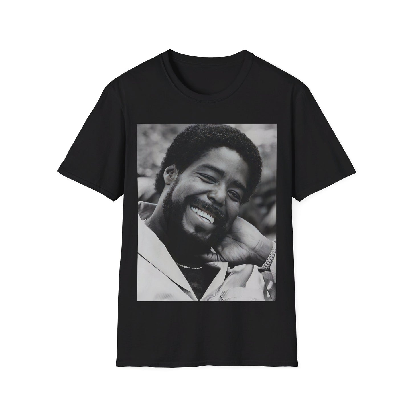 A black graphic t-shirt featuring a 70s-style graphic of Barry White with an iconic, joyful smile.