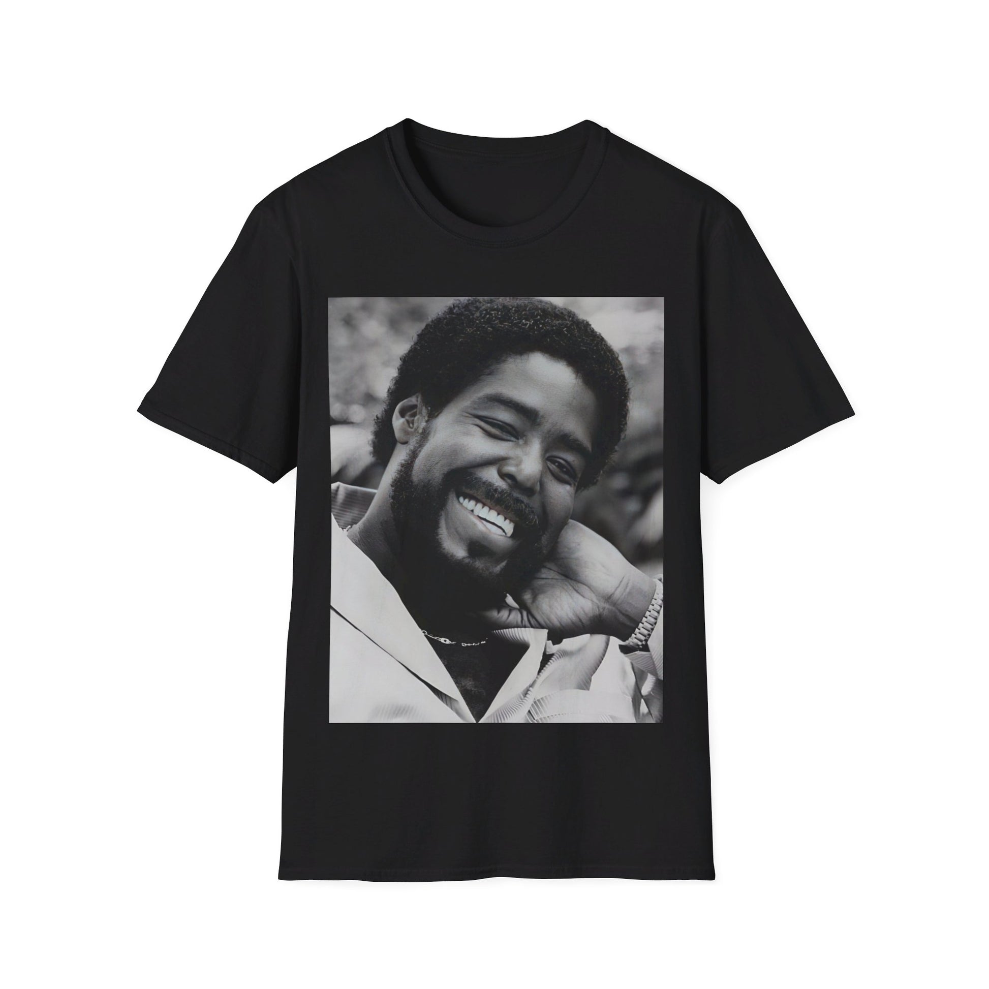 A black graphic t-shirt featuring a 70s-style graphic of Barry White with an iconic, joyful smile.