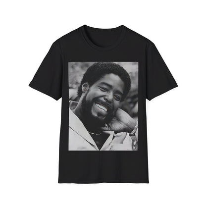 A black graphic t-shirt featuring a 70s-style graphic of Barry White with an iconic, joyful smile.