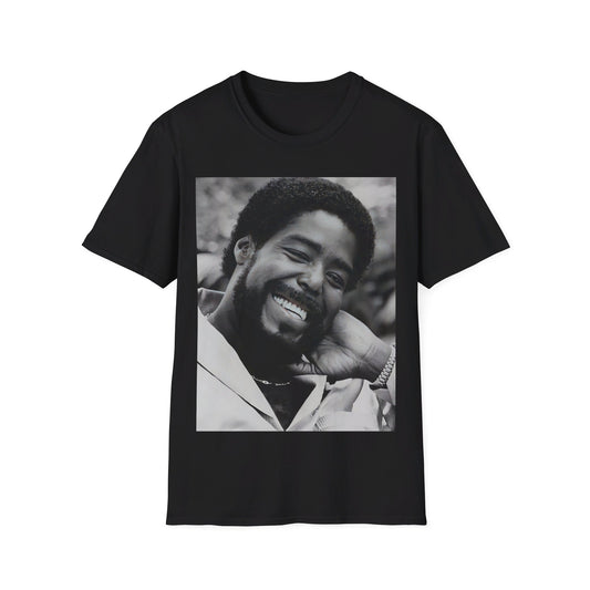 A black graphic t-shirt featuring a 70s-style graphic of Barry White with an iconic, joyful smile.
