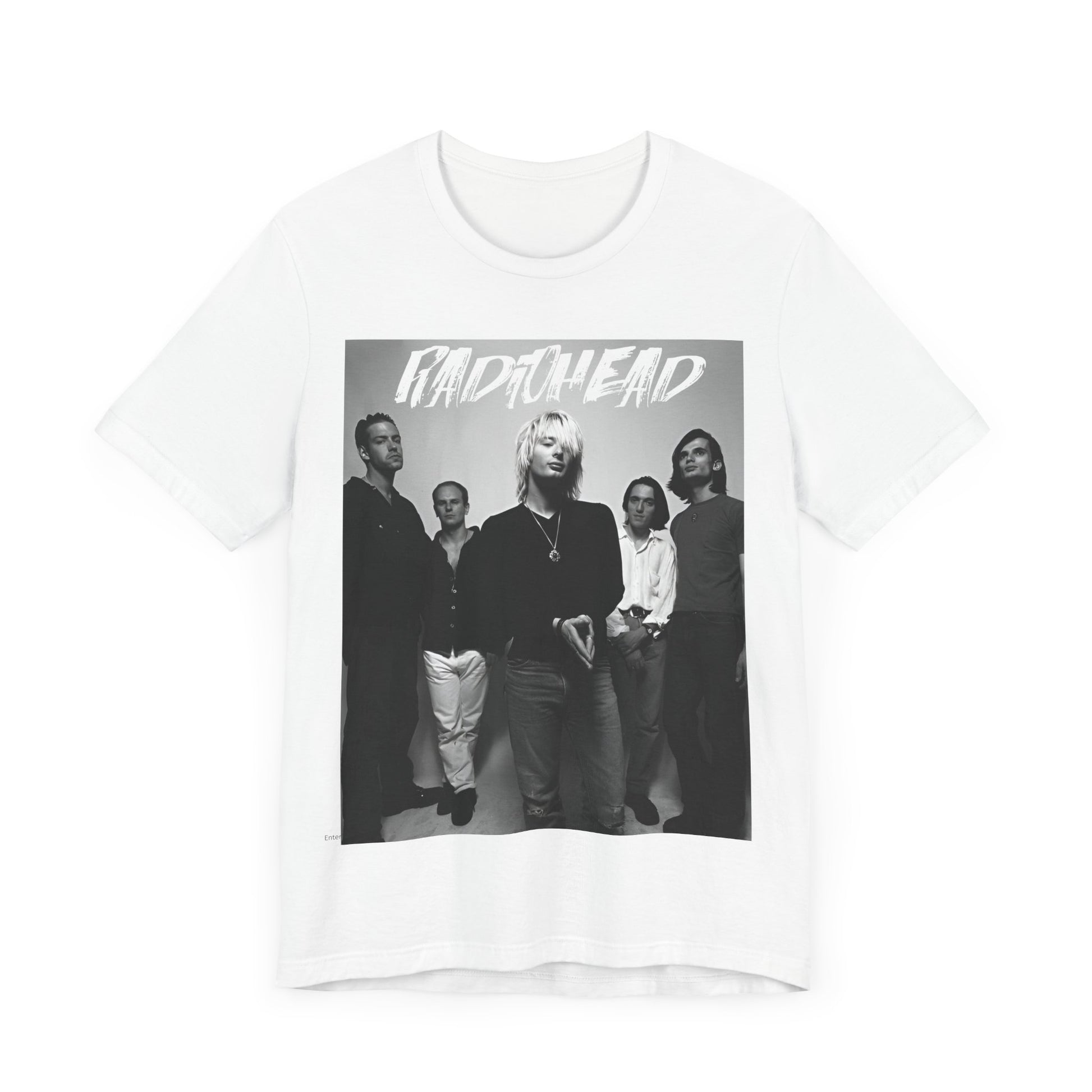 A black graphic t-shirt featuring a retro graphic related to Radiohead's 'OK Computer' album era.