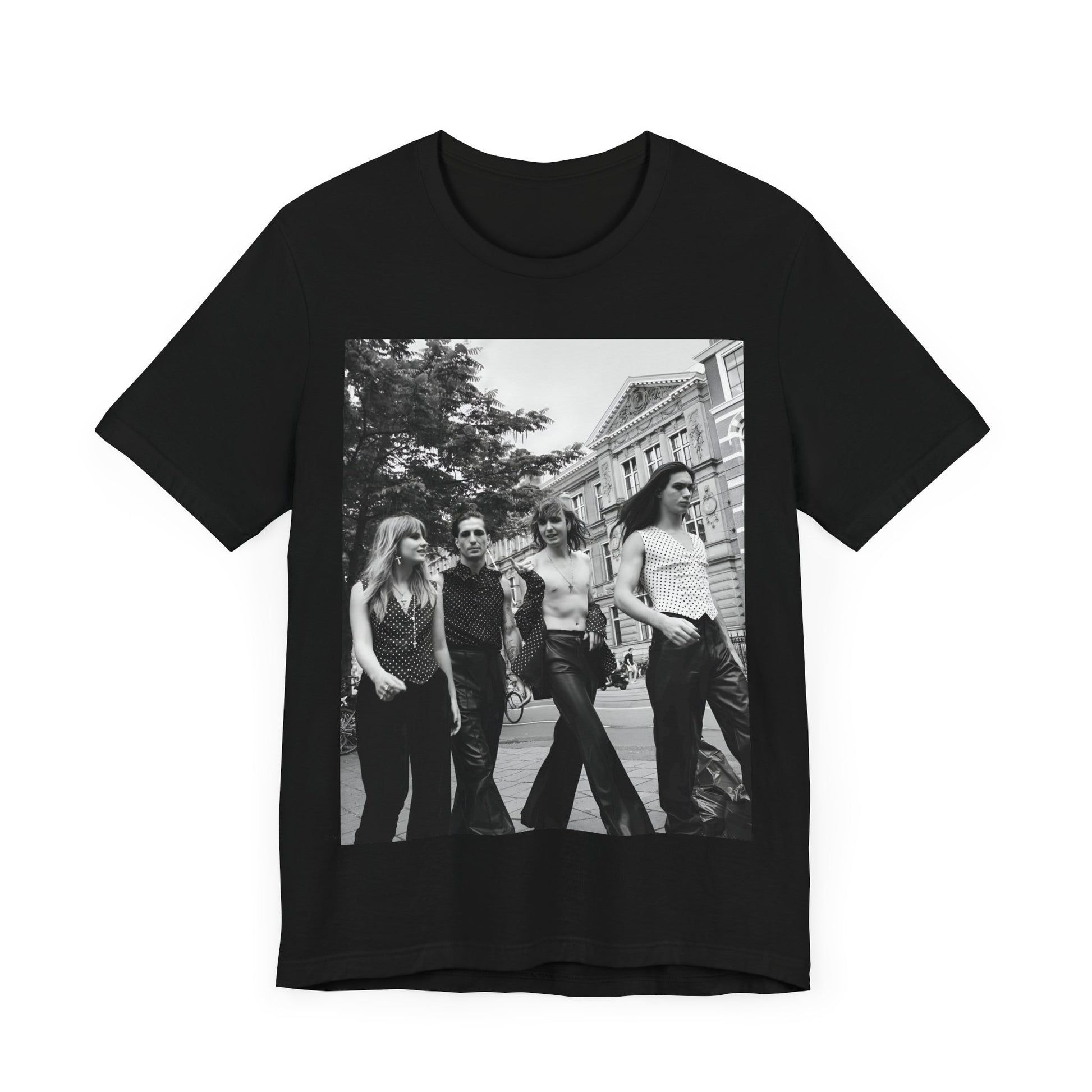 A black graphic t-shirt featuring a retro black and white monochrome graphic or photo of Maneskin.