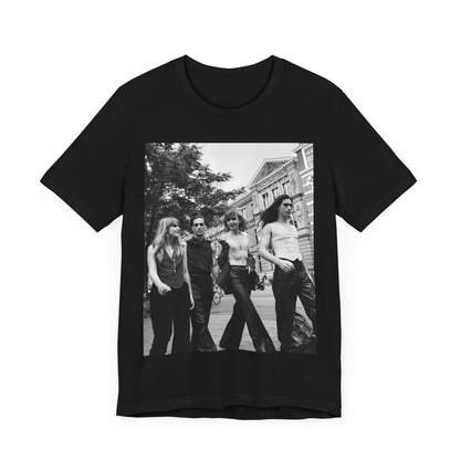 A black graphic t-shirt featuring a retro black and white monochrome graphic or photo of Maneskin.