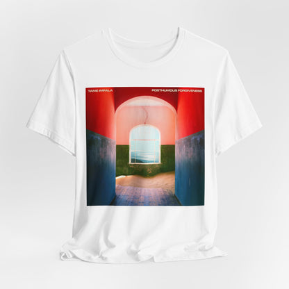 A black graphic t-shirt featuring a graphic related to Tame Impala's song 'Posthumous Forgiveness'.