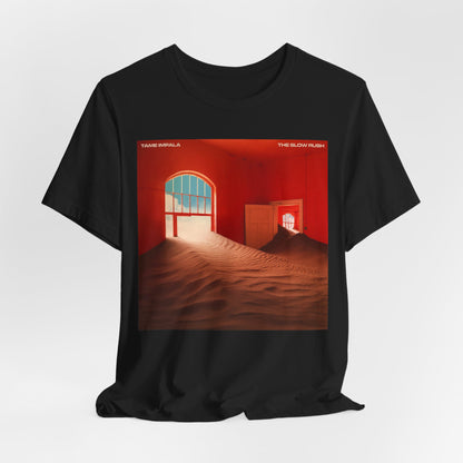 A black graphic t-shirt featuring a graphic related to Tame Impala's 'The Slow Rush' album.