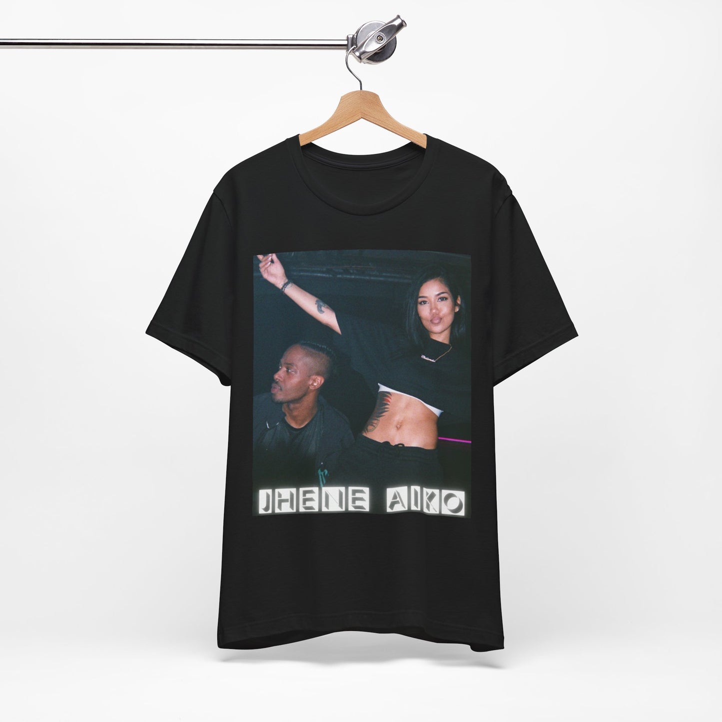 A black graphic t-shirt featuring a retro R&B essential graphic of Jhene Aiko.