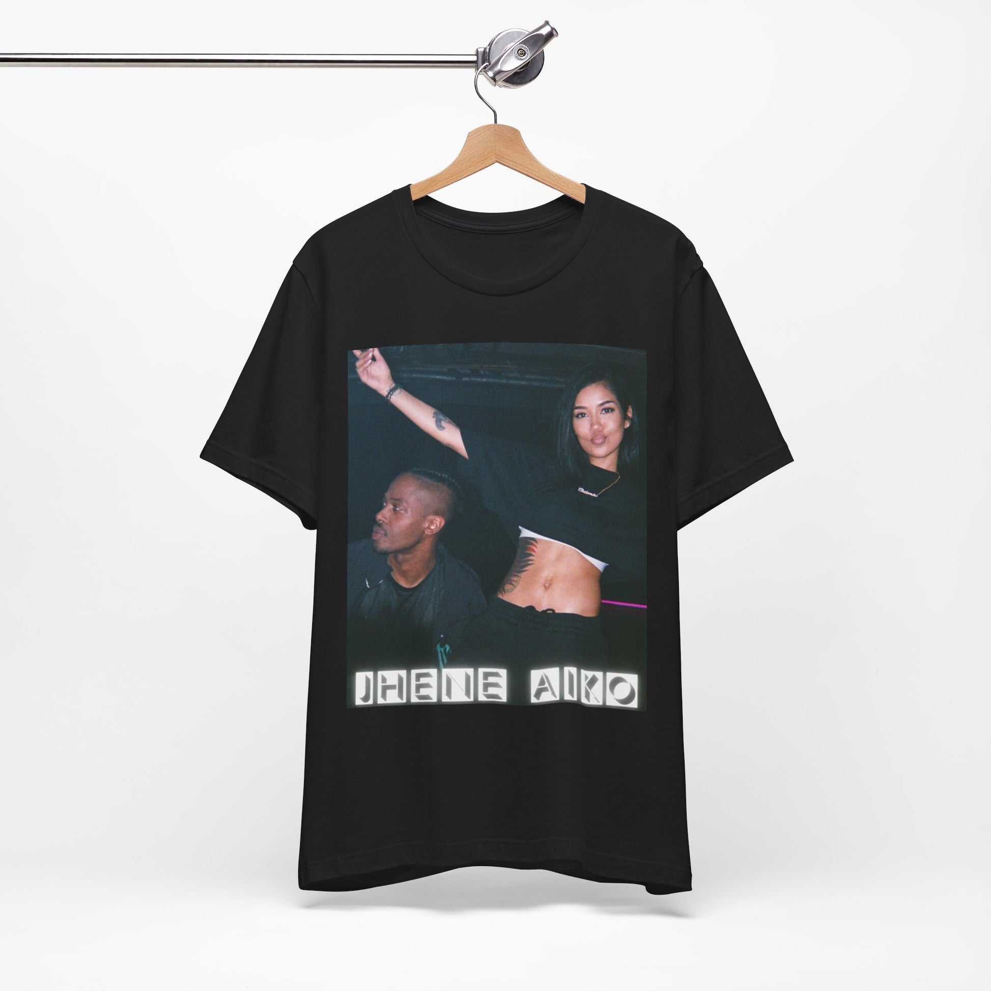 A black graphic t-shirt featuring a retro R&B essential graphic of Jhene Aiko.