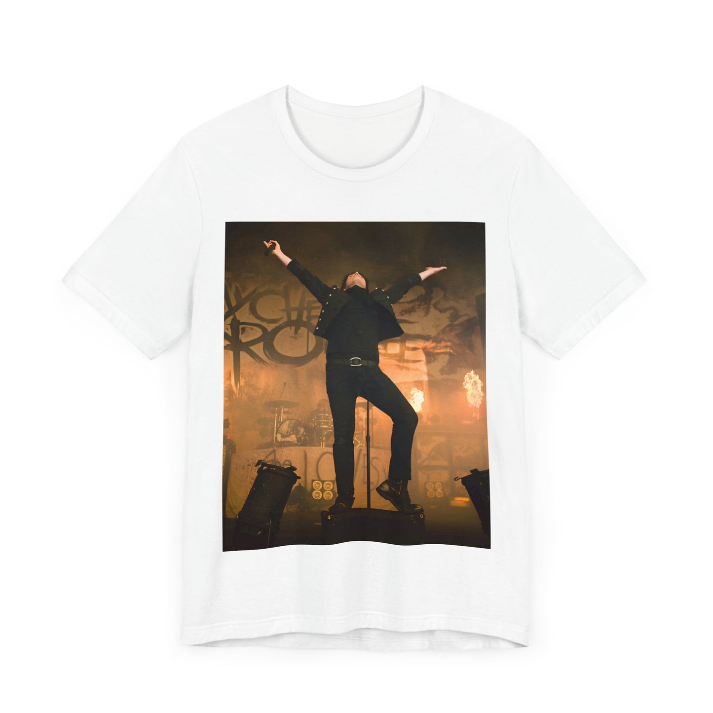 A black graphic t-shirt featuring an on-stage merch graphic of My Chemical Romance.