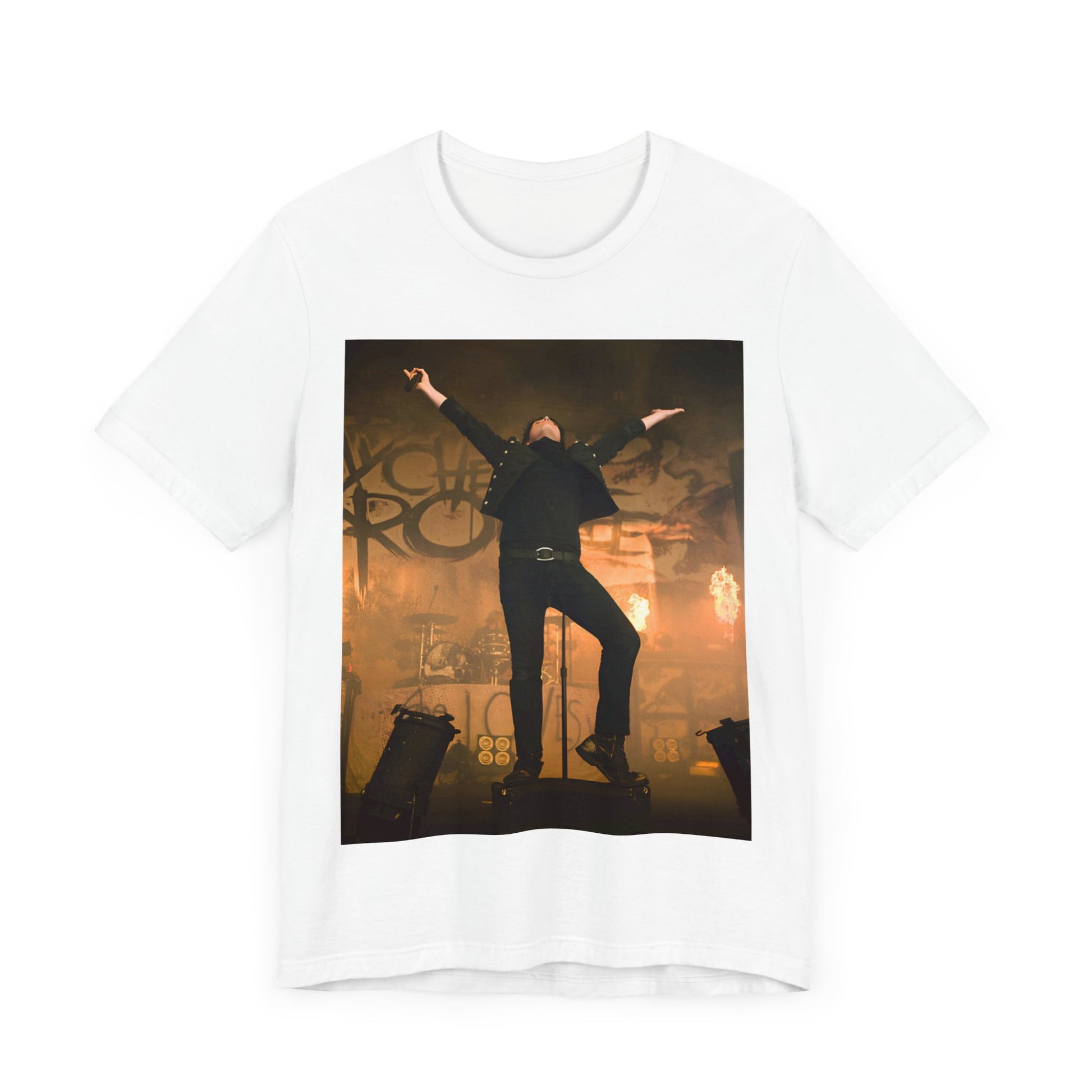 A black graphic t-shirt featuring an on-stage merch graphic of My Chemical Romance.