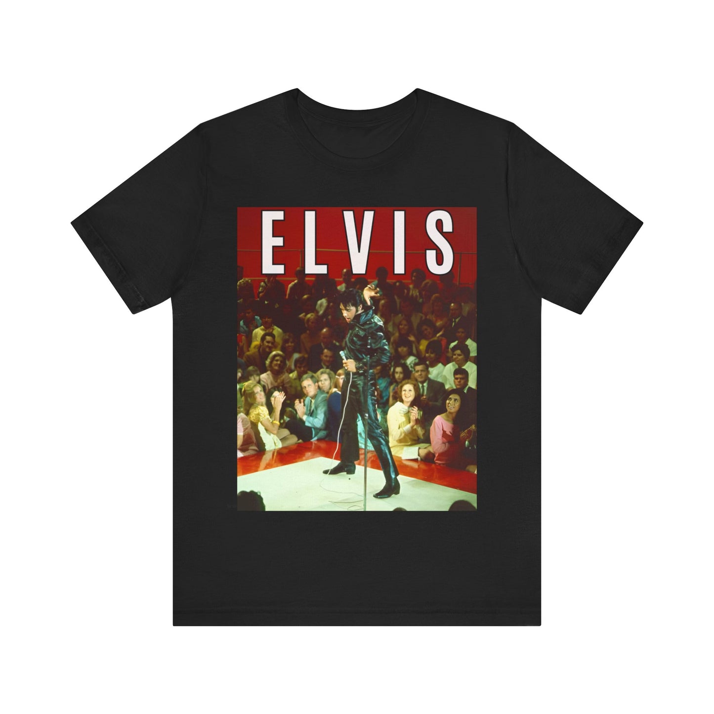 A black graphic t-shirt featuring a retro graphic related to an Elvis Presley special concert.