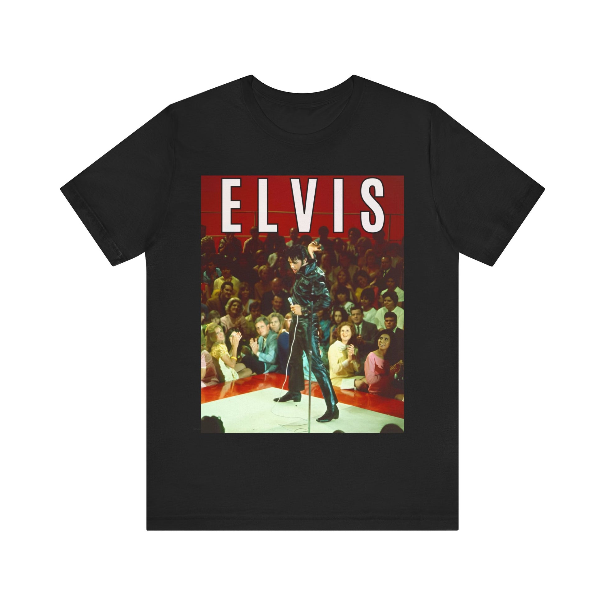A black graphic t-shirt featuring a retro graphic related to an Elvis Presley special concert.
