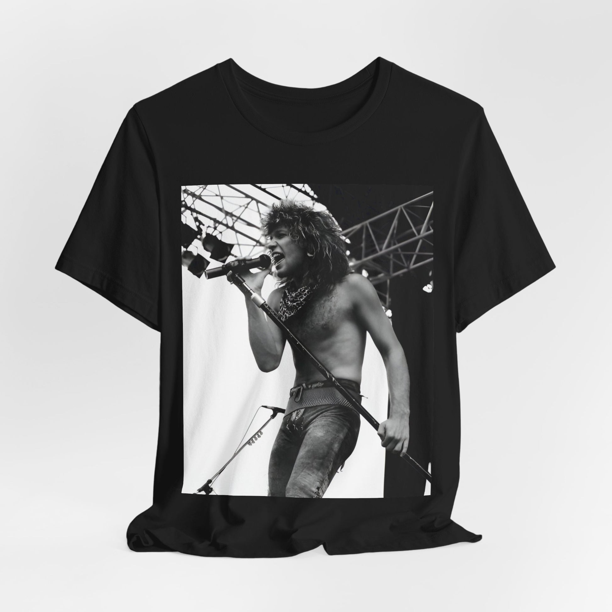 A black graphic t-shirt featuring a retro tour graphic for Bon Jovi's '88 tour.