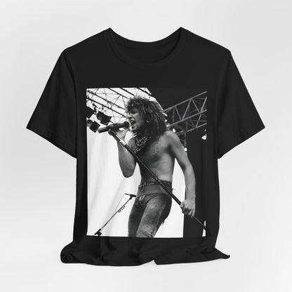 A black graphic t-shirt featuring a retro tour graphic for Bon Jovi's '88 tour.