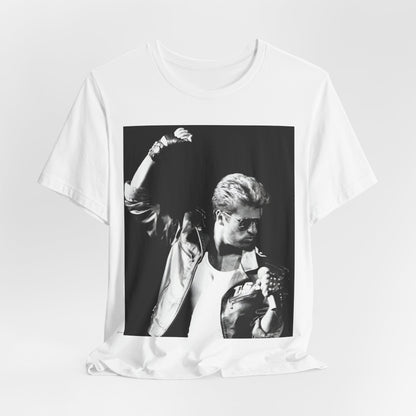 A black graphic t-shirt featuring a black and white photo of George Michael from his 'Faith' album era.
