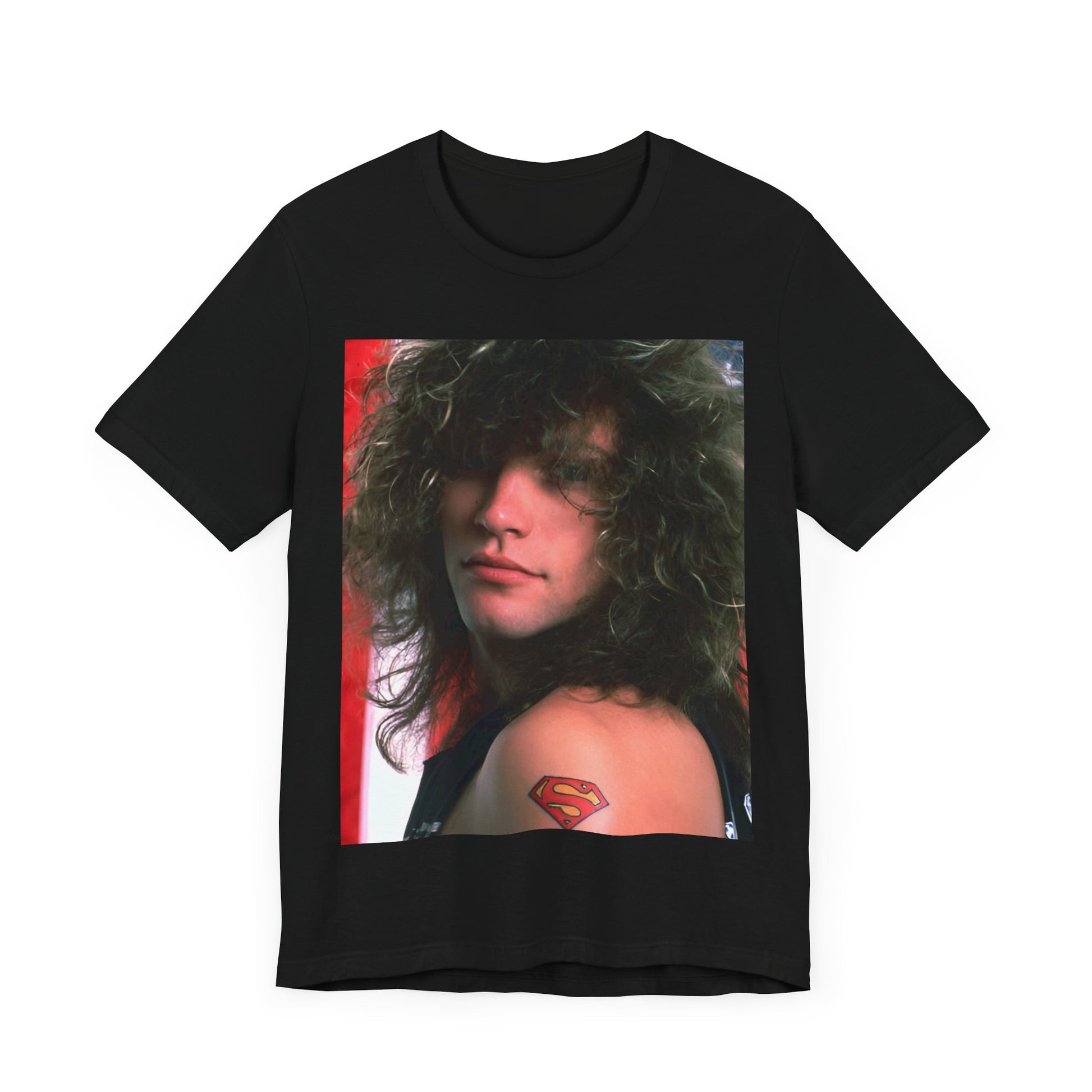 A black graphic t-shirt featuring a graphic of Bon Jovi, possibly with a Superman logo or a tattoo-inspired design.