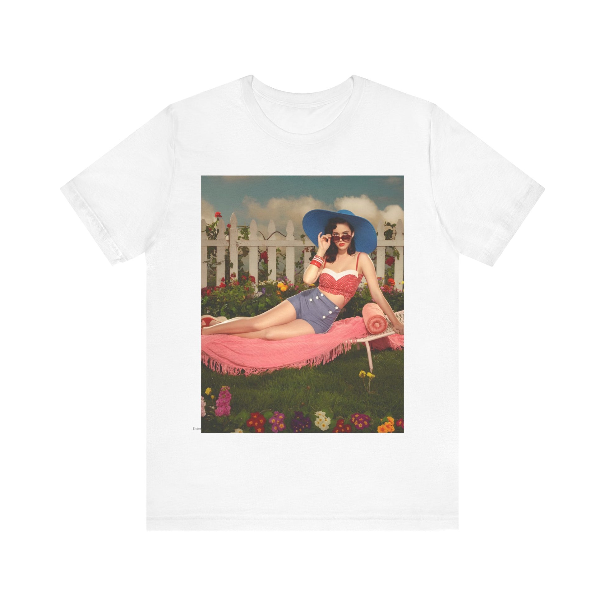 A black graphic t-shirt featuring a graphic related to Katy Perry's "California Gurls" song, with beach vibes.