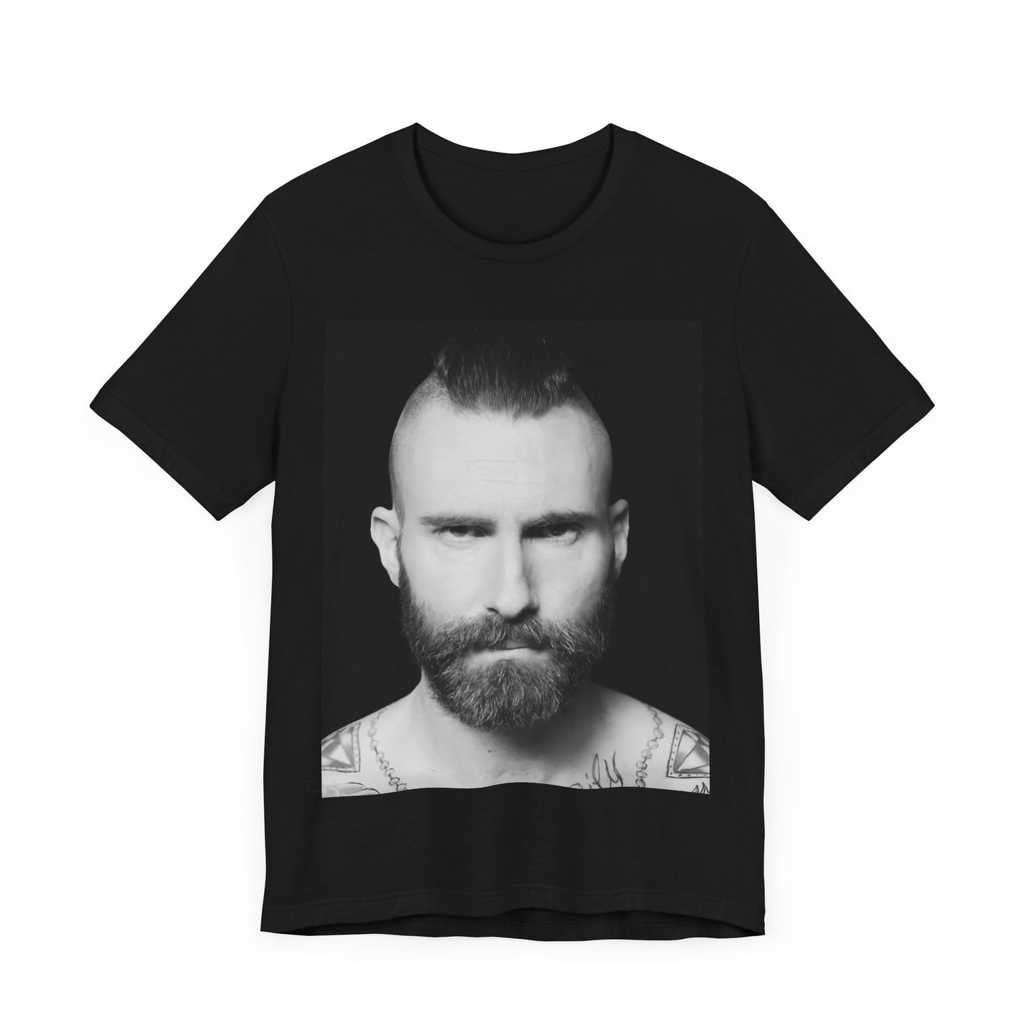 A sharp, polished studio portrait of Maroon 5 frontman Adam Levine, printed on a graphic t-shirt.