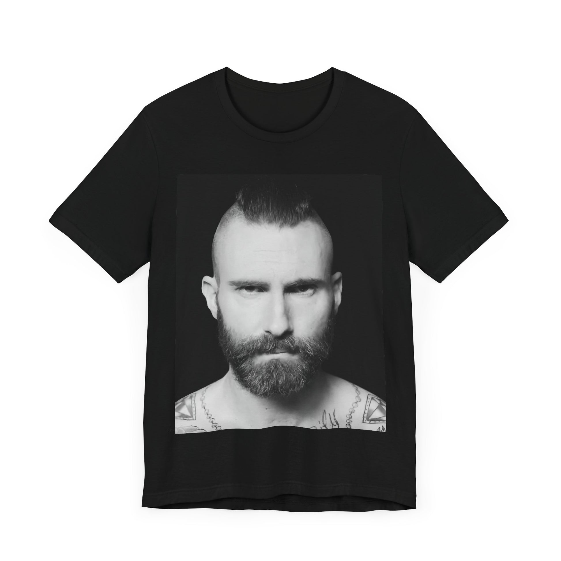 A sharp, polished studio portrait of Maroon 5 frontman Adam Levine, printed on a graphic t-shirt.