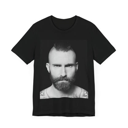 A sharp, polished studio portrait of Maroon 5 frontman Adam Levine, printed on a graphic t-shirt.