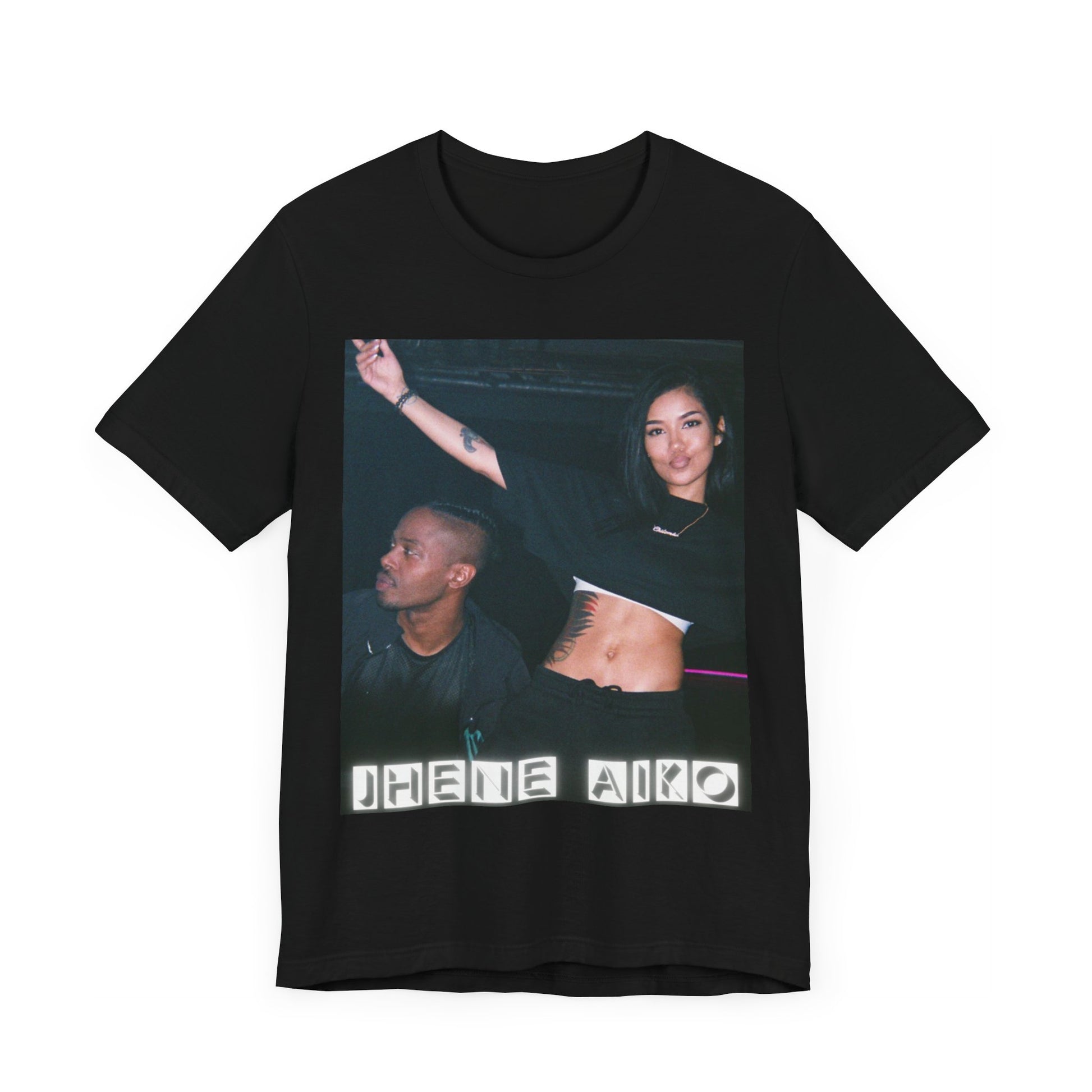 A black graphic t-shirt featuring a retro R&B essential graphic of Jhene Aiko.