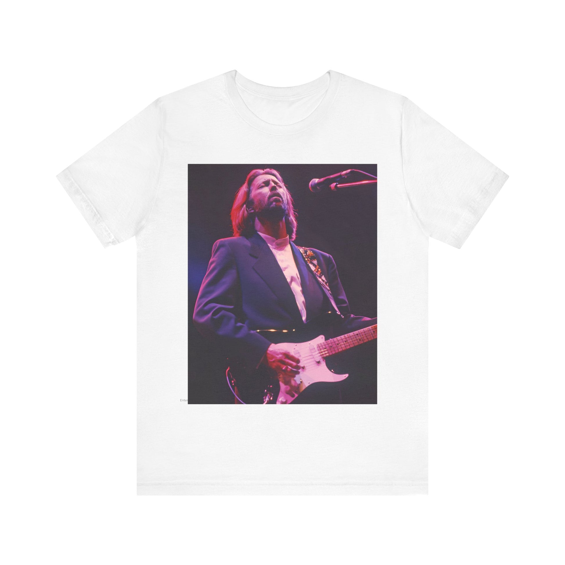 A black graphic t-shirt featuring a vintage graphic of Eric Clapton as a blues rock icon.
