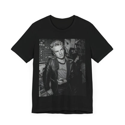 A black graphic t-shirt featuring a vintage black and white monochrome graphic or photo of Sting.