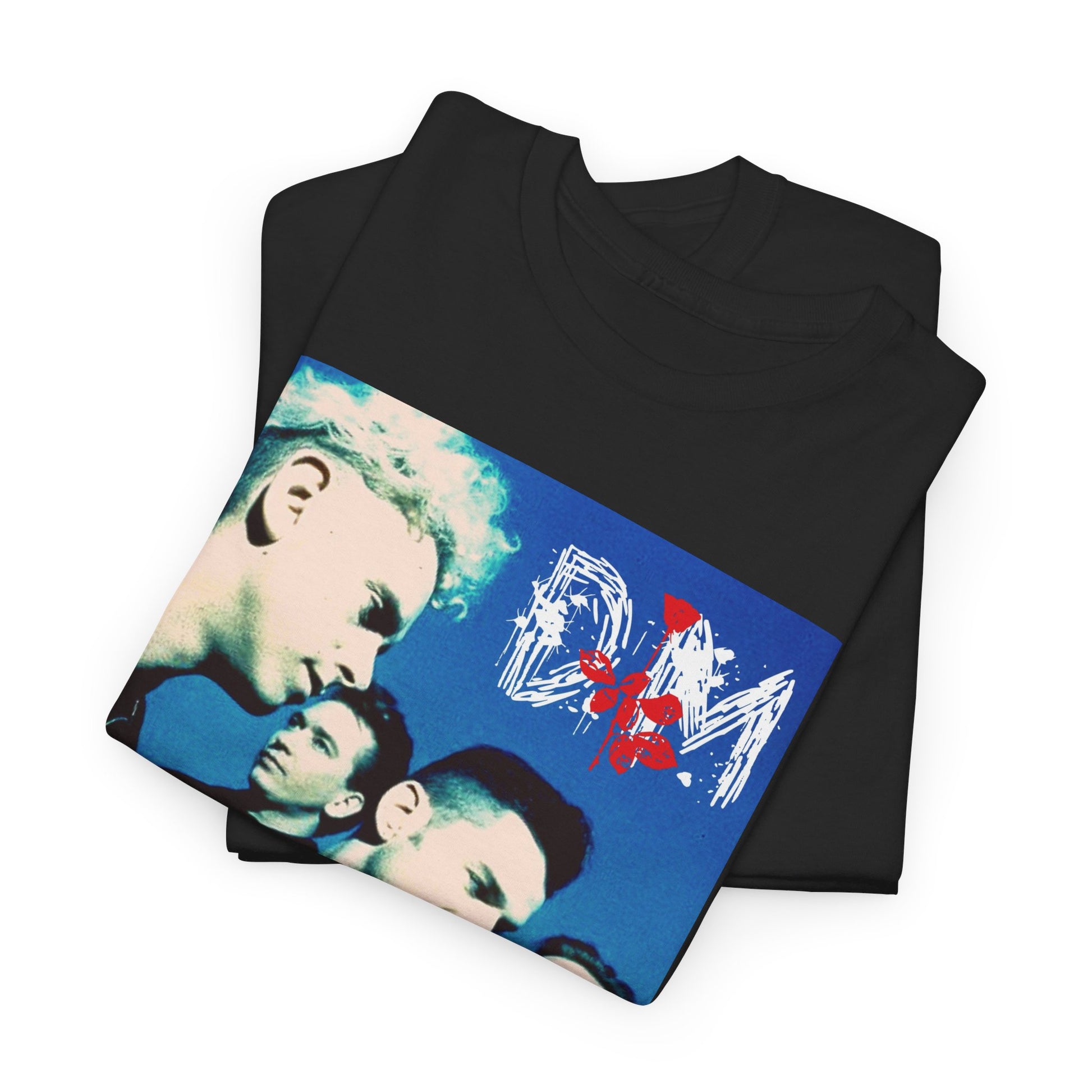 A black graphic t-shirt featuring a vintage photo related to Depeche Mode's 'Violator' album era.